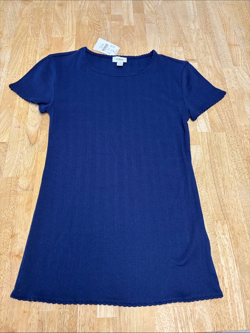 NWT  J.Crew Navy Blue Pointelle Ribbed Shrunken Tee- Scallop Lettuce Edge Trim